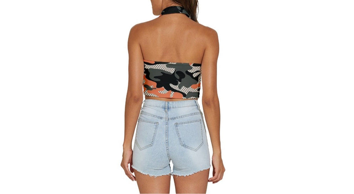 Hype Jeans Company Womens orange fatigue Backless Halter Camo Shirt